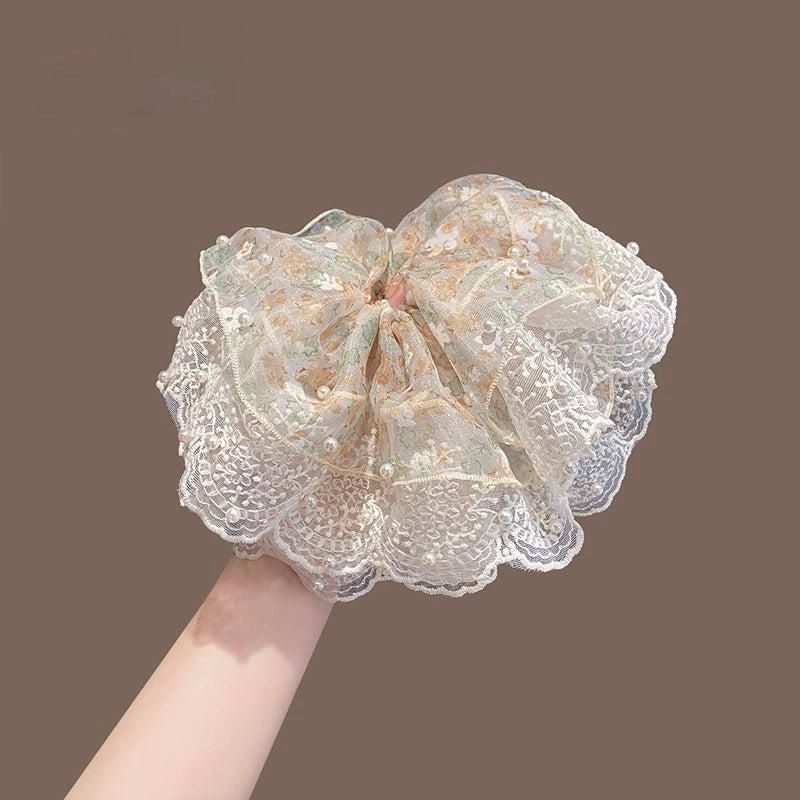 Oversized Lace and Satin Pearl Detail Scrunchie