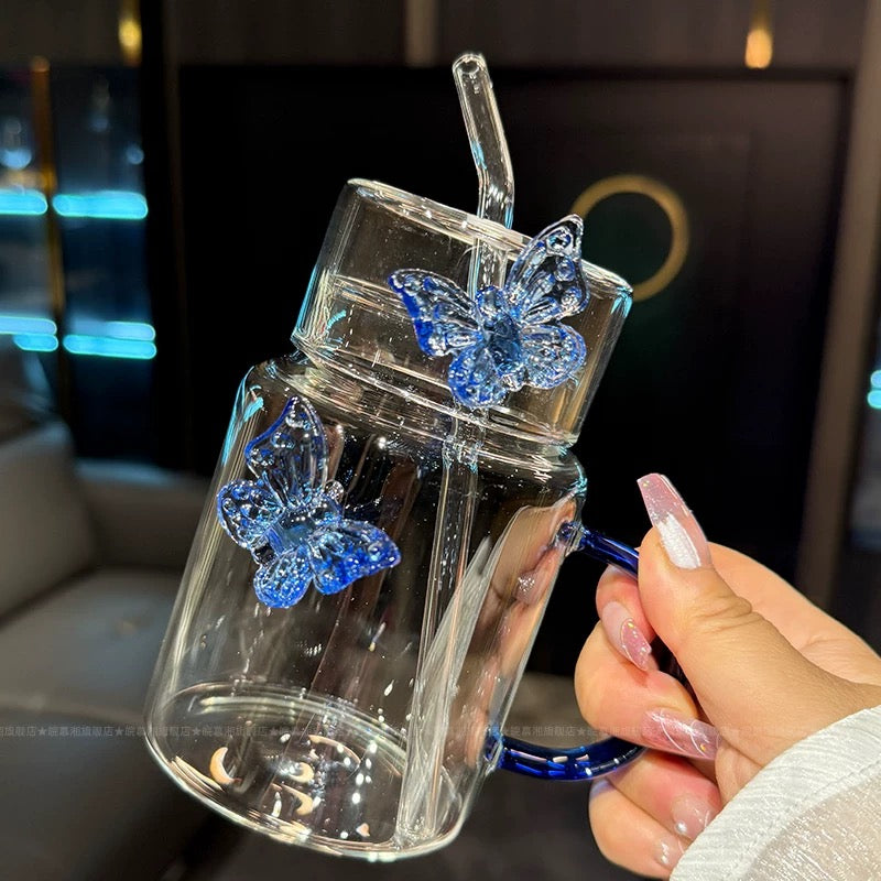Lid Glass Tumbler – 3D Butterfly Printed Glass Cups with Lids & Straws