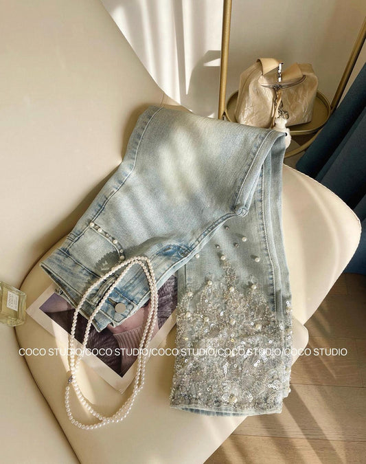 Lace and Glitter Embellished Denim Jeans