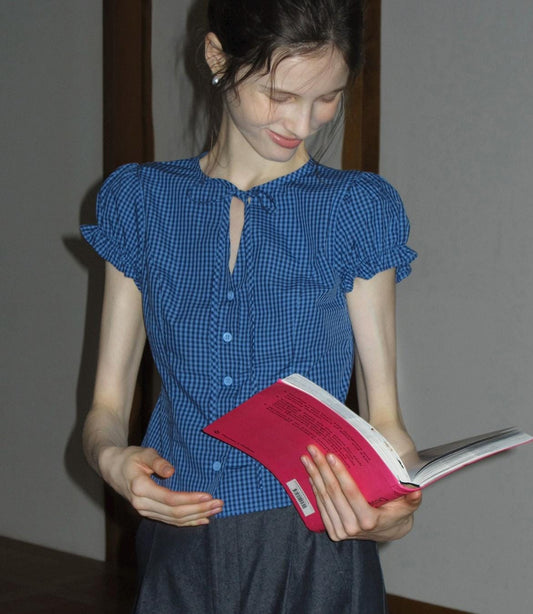 Blue Gingham Ruffle Sleeve Blouse