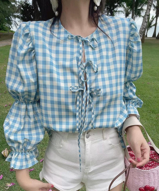 Blue Gingham Puff Sleeve Tie-Front Blouse