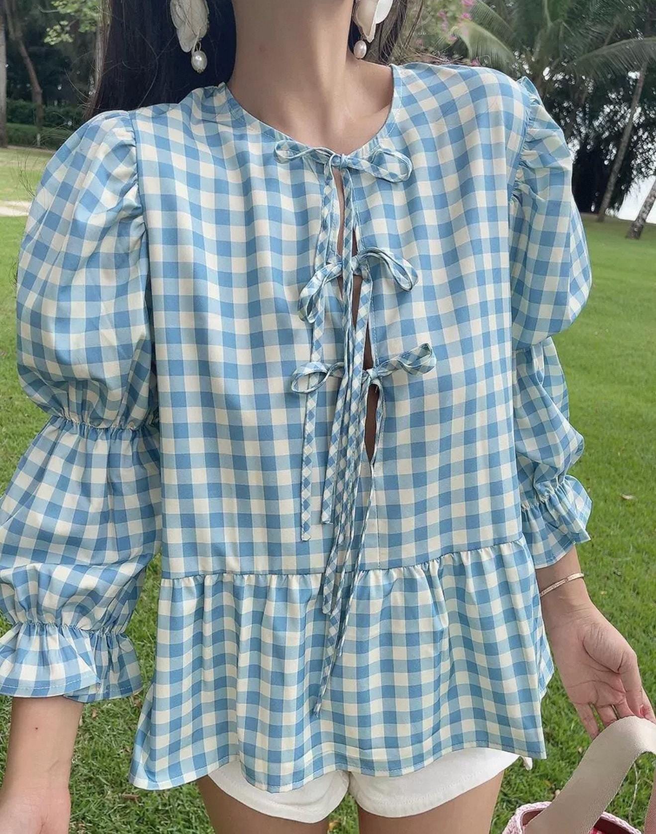 Blue Gingham Puff Sleeve Tie-Front Blouse
