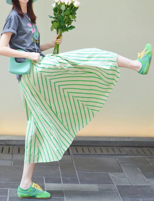 Green and White Chevron Stripe Midi Skirt