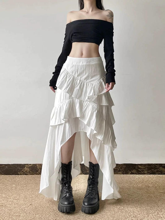 White Ruffle High-Low Maxi Skirt