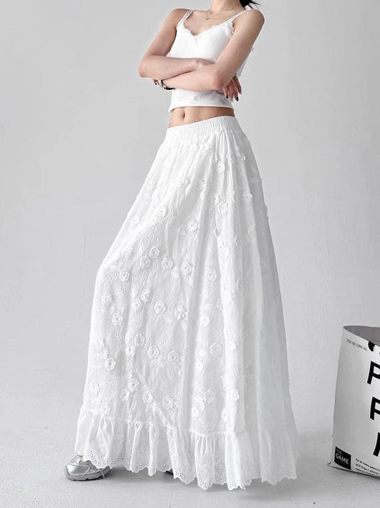White Floral Embroidered Maxi Skirt