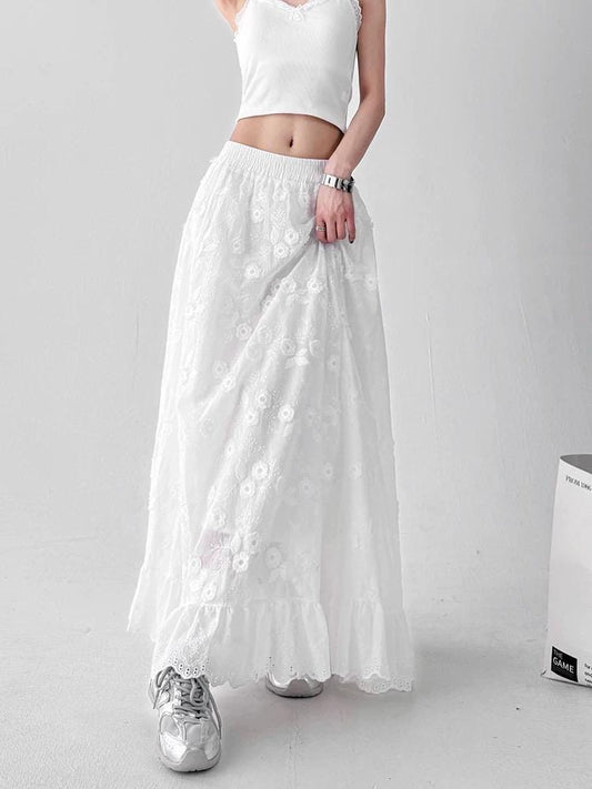 White Floral Embroidered Maxi Skirt