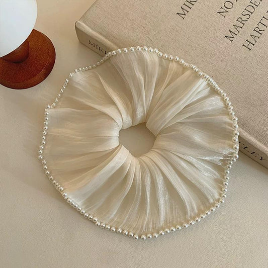 Elegant Pearl-Trimmed Organza Bridal Scrunchie – Wedding Hair Accessory