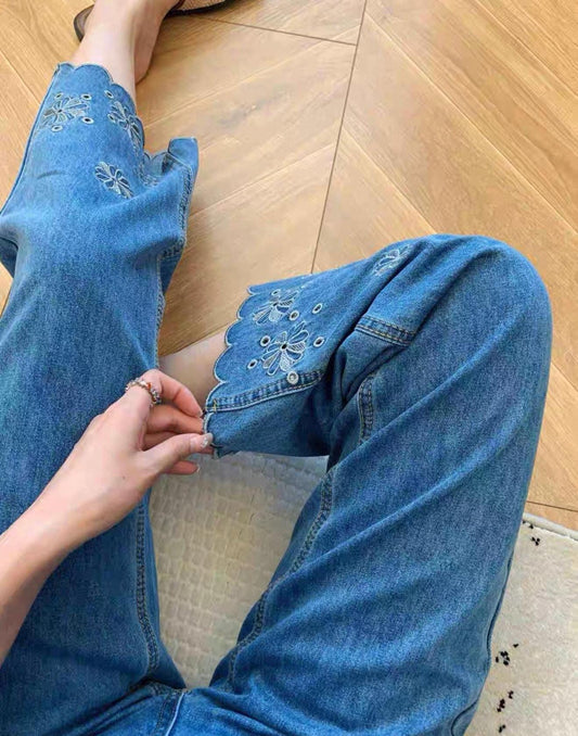 Embroidered Deep Blue Soft Denim Jeans