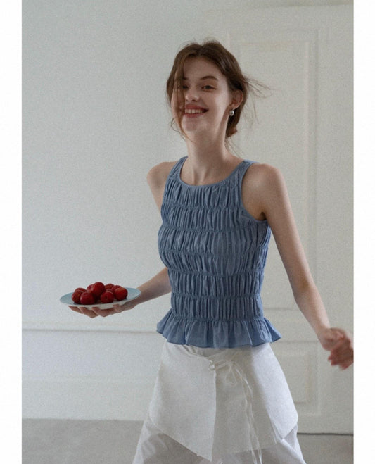 Blue Ruched Peplum Tank Top