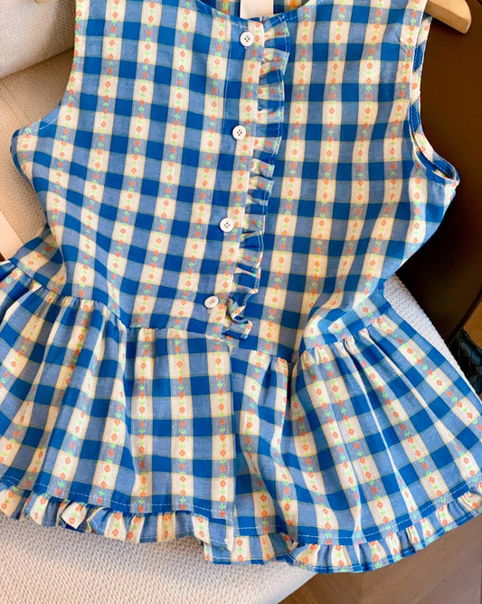 Blue and Yellow Gingham Ruffle Peplum Blouse