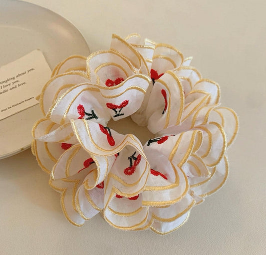 Cherry Embroidered Sheer Ruffle Scrunchie
