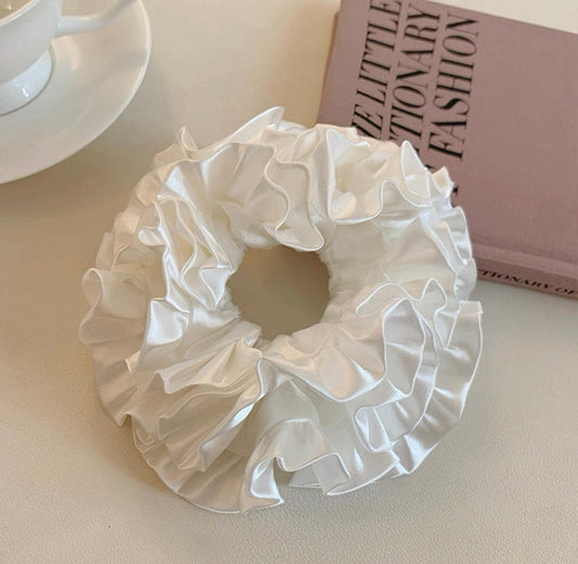 Elegant White Satin Ruffle Scrunchie