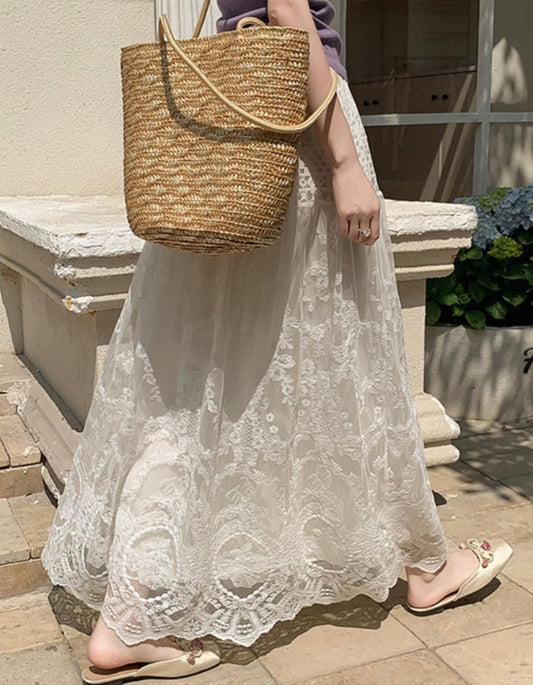 Boho White Lace Maxi Skirt