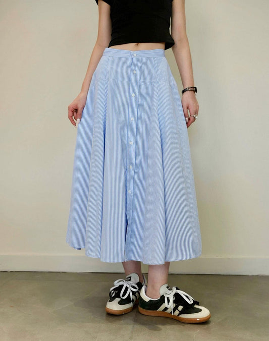 Blue Pinstripe Button-Front Midi Skirt