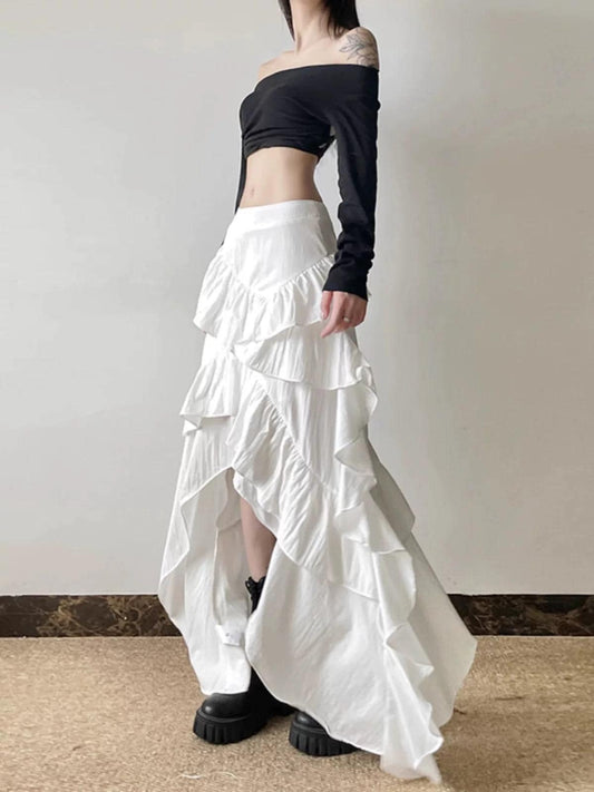 White Ruffle High-Low Maxi Skirt