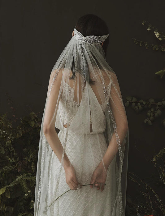 Boho Bridal Headband Veil with Long Sequined Tulle – Unique Open-Back Design