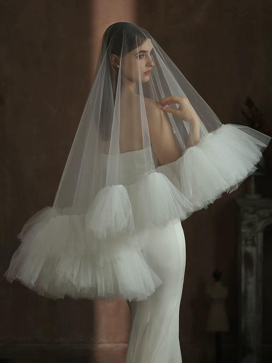Statement Tulle Cathedral Bridal Veil with Layered Ruffled Edge