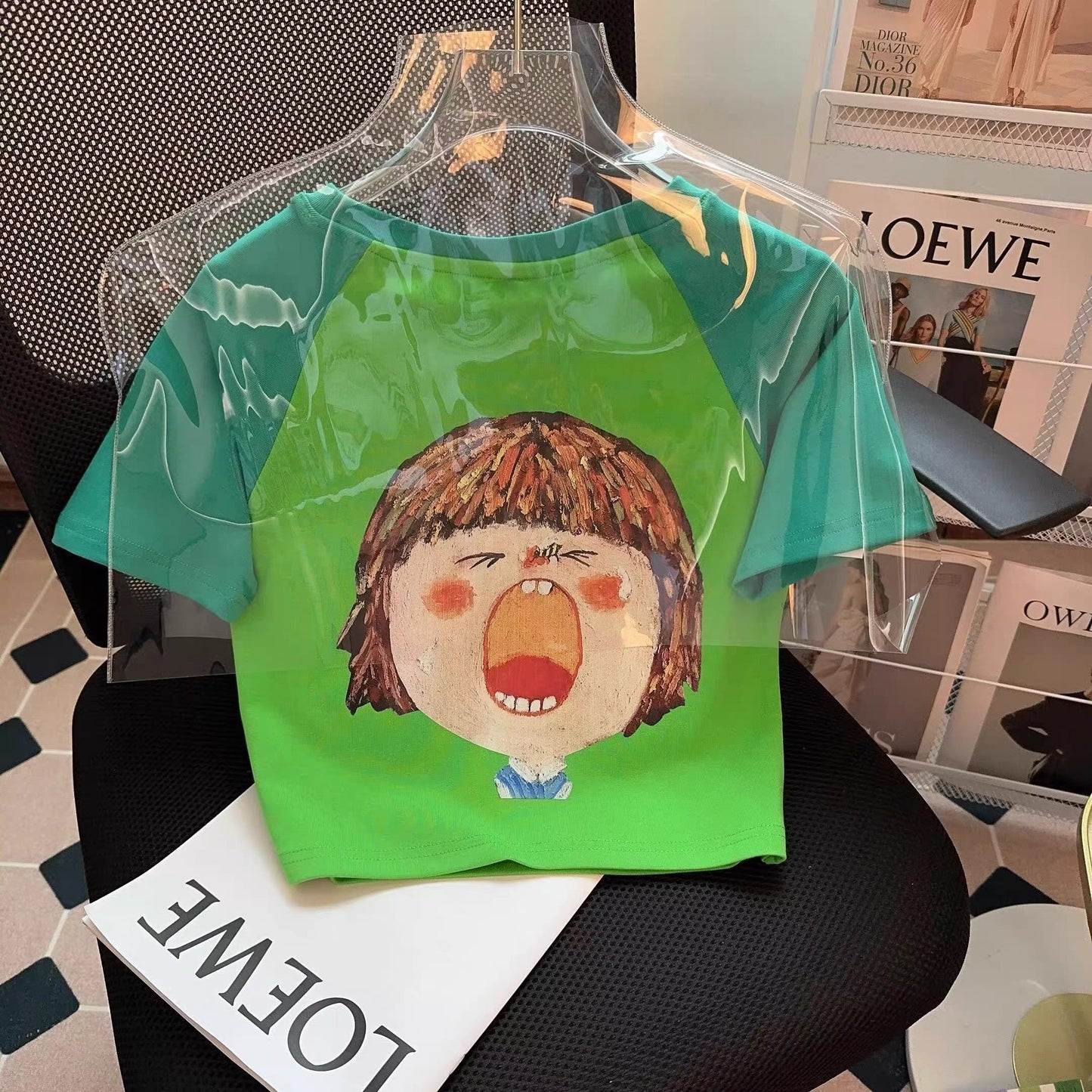 Green Graphic Tee – Cartoon Yawning Girl Print